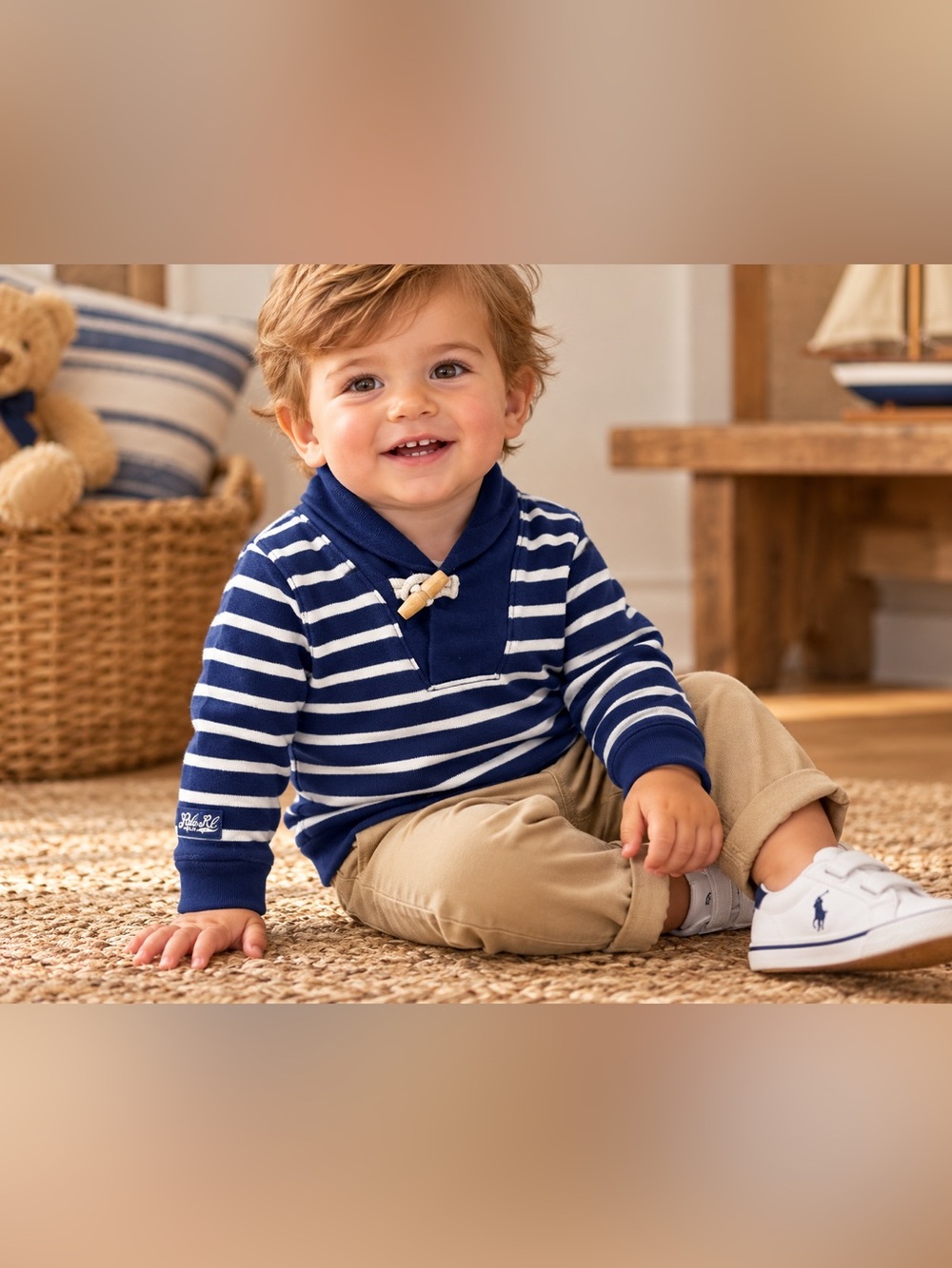 Ralph Lauren Baby Boys 18 Month Stripped Navy Kids Shawl Collar Top